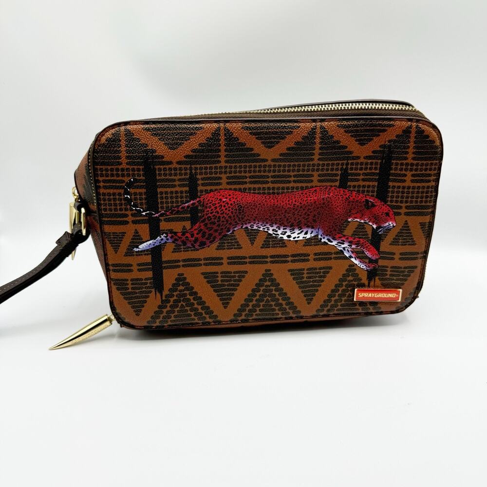 Sprayground Leopards In Paris Toiletry Bag AKA Money Bag Brown Black Vegan